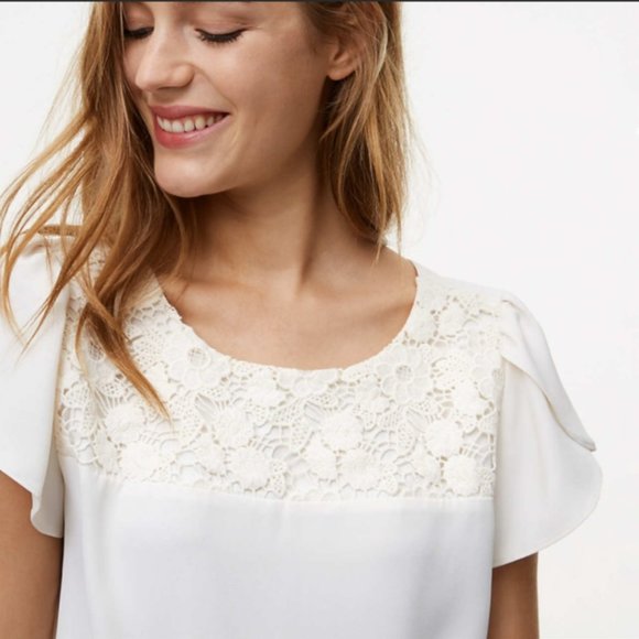 LOFT Tops - LOFT Crochet Cream Flutter Sleeve Blouse XL